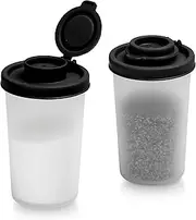 SIGNORA WARE Salt Pepper Shakers Moisture Proof Salt Shaker to Go Camping Picnic Outdoors Lunch Boxes Travel Spice Set Clear with Lids Plastic Airtight Jar Dispenser Large Black, 2 Pack