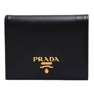 【PRADA 普拉達】SAFFIANO METAL系列品牌金色浮雕LOGO防刮牛皮暗釦短夾(黑1MV204-SAFFIANO METAL-NERO)