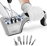 4-in-1 Knife Sharpener [4 stage] with a Pair of Cut-Resistant Glove, Original Premium Polish Blades, Best Kitchen Knife Sharpener Really Works for Fruit Knife and Steel Knives, Scissors.
