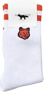 [Maison Kitsune] Maison Fox LM06409KT0010 Men's Fox Head Patch Sporty Socks, WHITE/RUST