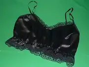BLACK shiny SATIN shorty camisole CROP TOP black lace new Made in France