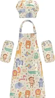 AIXIWAWA Kids Apron Chef Hat Set, Child Kitchen Bib Aprons Adjustable for Cooking Baking Painting (Cute African Animals)