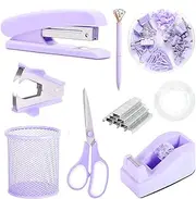 Purple Desk Accessories, Pink Office Supplies Set with Stapler, Tape Dispenser, Staple Remover, Pen Holder, Scissor, Binder/Paper Clips, Ballpoint Pen, Clear Tape and 1000pcs Staples