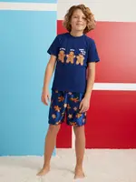 Tilt Elasticated Waist Boys 8-16 Navy Gingerbread Satin Knit Pyjama Set, Blue, Size 8