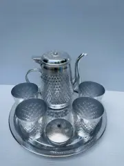 Vintage Style Thai Design Water Pot Swing Cover Silver Aluminium & 4 cups & Tray