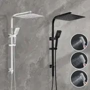 WELS Chrome Black Square 12" Shower Head 3-Mode Handheld Gooseneck Arm Diverter Set