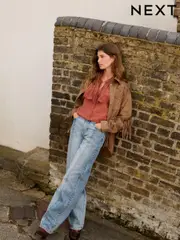 Mid Blue Patchwork Straight Leg 100% Cotton Jeans (B74987) | $32