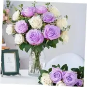20PCS Artificial Roses with Long Stems - Realistic Silk Flowers, Purple White