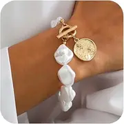 [LANWLOSI] Baroque Pearl Bracelet for Women Adjustable Boho Irregular Pearls Bracelet Chunky Gold Heart Toggle Clasp Charm Wristband Trendy Statement Pearl Jewelry Accessories for Her