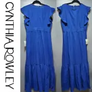 $425 Cynthia Rowley Blue Linen Blend Ruffle Detail Tier Maxi Dress ~ L M3020