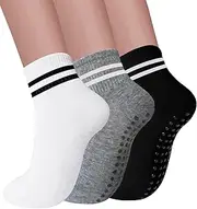[Elapse Space] 3 Pairs Pilates Socks with Grips for Women Non Slip Yoga Crew Socks for Women, 3 Pairs-striped White/Black/Grey, One Size