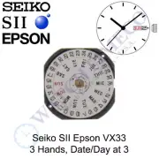 Genuine Seiko SII Epson VX33 Watch Movement Japan 3 Hands, Date/Day at 3