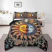 jejeloiu Kids Sun Moon Comforter Set Queen Size Boho Exotic Duvet Quilt for Boys Girls Teens Bedroom Decor Floral Botanical Bedding Set Breathable Soft Lightweight Women Men with 2 Pillow Case