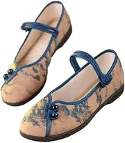[GHAKKE] Chinese Style Flat Shoes National Style Cloth Shoes Floral Print Ankle Strap Shoes Casual Round Toe Mary Jane Shoes Ballet Yoga Slip On Shoes for Mature Women(Blue,7)