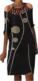 [Generic] Cold Shoulder African Dresses for Women Summer Floral Hollow Dress Linen Plus Size Knee Length Caftan Round Neck Half Sleeves Dress (Black Medium)