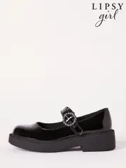 Lipsy Black Faux Leather Chunky Gem Buckle Mary Jane School Shoe (B44305) | $38 - $44