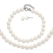 Solid Sterl Silver White Cultured Pearl Bracelet Button Post Earrings Set 18"