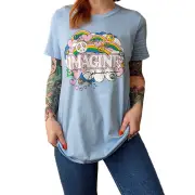 John Lennon Womens Rainbows, Love & Peace Cotton T-Shirt (Light Blue) - RO4533