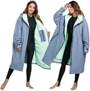 [ZONADA] Adult/Teen Unisex Deck Coat Swimming Parka Coat Water Proof Wind Proof Thick Terry towelling inside Hooded Cloak Long Sleeve (Blue-Medium)