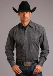STETSON MEN'S AZTEC GRAY COTTON POPLIN WESTERN SHIRT
