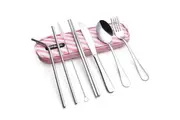 BOOC FLATWARE Travel Utensils Reusable SilverwarePortable Cutlery Set with a Waterproof Carrying Case for Lunch Boxes Workplace Camping Picnic Pink