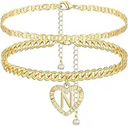 [YANODA] Initial Ankle Bracelets for Women, 14K Gold Plated Cuban Link Anklets Flat Mariner Link Anklets Handmade Layered Heart Ankle Bracelets Personalized Gifts for Women Teen Girls