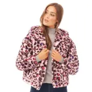NWT UGG Mandy Faux Fur Hooded Jacket Pink Leopard Zip Front Size M $195