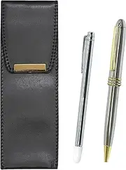 Eco Leather Pen Case with Metal Indicator Stick and Brilliant Silver Rotating Ballpoint Pen Set BR-701S-PD07