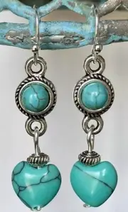 Etched Silver & Turquoise Heart Dangle Earrings. Boho Chic. Love. Adore.