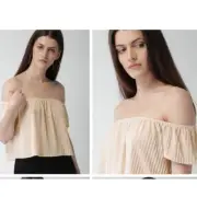NWT Forever21+ Pink Blush Peach Velvet Stripped Off the Shoulder Top Blouse