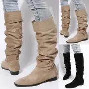 Ladies Fashion Solid Color Flock Wrinkled Pointed Toe Flat Casual Long Boots