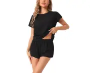 cheibear Ribbed Knit Tops Shorts Pajamas Sets Black