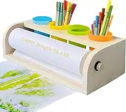 Wooden Tabletop Paper Roll Dispenser with Paper Roll 11.4inx98.4ft and Pencil Cups Craft Paper Roll Holder Art Paper Roll Dispenser for Kids Desktop Easel for Drawing
