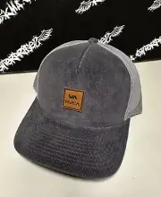 NEW RVCA VA Leather Patch Logo Corduroy Gray Trucker 5-Panel Snapback Hat Mens
