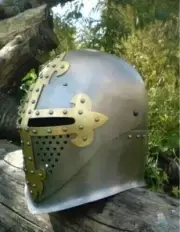 Steel Medieval Knight Armor Helmet With Brass Cross Armor Knight Helmet