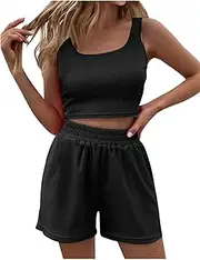 [Generic] Womens Two Piece Lounge Sets Ribbed Knit Tank Tops and High Waist Shorts Tracksuit Suit for Daily Casual Wear