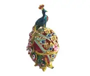 Bejeweled " Peacock on Faberge Egg " Hinged Metal Enamel trinket Box