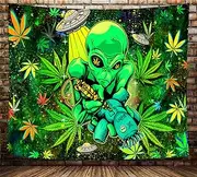 Mtsxfy Trippy Weed Tapestry, Cool Alien Green Marijuana Small Tapestry Wall Hanging for Mens Bedroom, Psychedelic Stoner Tapestries Flag Hippie Poster Beach Blanket College Dorm Home Decor, 60X40in