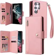 [YocoverTech] for Samsung S22 Ultra 5G Case,for Galaxy S22 Ultra 5G Wallet Case[6 Card Slots and 1 Zipper Coin Pocket] PU Leather Stand Flip Cover with Wrist Strap[6.8 inch]-Pink