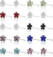 [Layguly] 20PCS Boxed Basic Colorful Flower-Shaped Dot Diamond Straight Nose Studs, 925 Silver Hypoallergenic 22G Nose Studs, Fashionable and Simple Body Piercing Jewelry, 22G, Silver, rhinestone