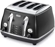 [De'Longhi] Icona Classic Toaster CTO4003BK, 4 Slot Toaster with Reheat and Defrost Functions, Separated Control Panels, 6 Browning Levels, Pull Crumbs Trays, Stainless Steel, 1800 W, Black