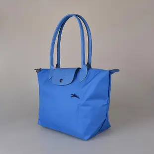 【LONGCHAMP】LONGCHAMP刺繡LOGO撞色設計尼龍長提把拉鍊摺疊手提包(小/水藍x深藍)