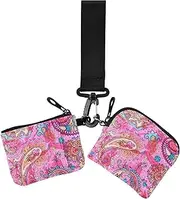 [GuoChe] Women's Coin Purses Card Cases Paisley Flowers Ethnic Retro Small Detachable Change Purse Key Holder with Wristle Strap for Women Men 2 Packs, Paisley flowers ethnic33, 4.13" x 3.51" & 4.13" x 4.13",