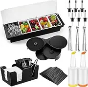Mifoci Bartending Supplies Garnish Tray with Lid Bar Caddy 3 Tier Glass Rimmer 12 Stainless Steel Bottle Pourers 2 Plastic Juice Pour Bottles 1000 Count Cocktail Straws 3 Serving Tongs(5 Compartments)