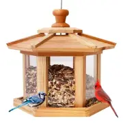 Cedar Hexagon Gazebo Bird Feeder with Mesh Tray, Easy Clean & Fill, 3.2-lb Ca...