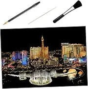 OFFIGAM 1 Set DIY Scratch Picture Art Las Vegas Nocturne Scratching Paper Crafts with Bamboo Stick Gold Plated Pen Creative Scraping Painting Fun for Home Decor