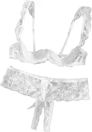 [Lilosy] Sexy Underwire Floral Lace Sheer Lingerie Set for Women See Through Bra and Panty 2 Piece