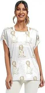 [RPLIFE] Various Playful Dogs Short Sleeve Blouse Flowy Off Shoulder Top, S-XXL Casual Top Women