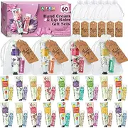 AZEN 60 Sets Bulk Gifts, Hand Cream and Lip Balm Bulk Set with Organza Bag Thank You Card, Baby Shower Wedding Gifts for Guests, Bridal Wedding Favors for Guests,Thank You Gifts for Women