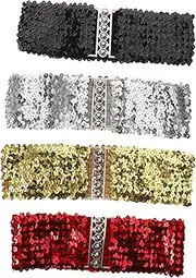 [MOBUTOFU] 4pcs Sequin Elastic Waist Belt for Women Sparkling Bling Waist Chains for Formal Events Wedding Parties and Dressy Occasions